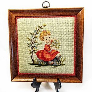VTG Framed Little Blonde Girl Needlepoint Square Wall Decor Garner Muscatine, IA